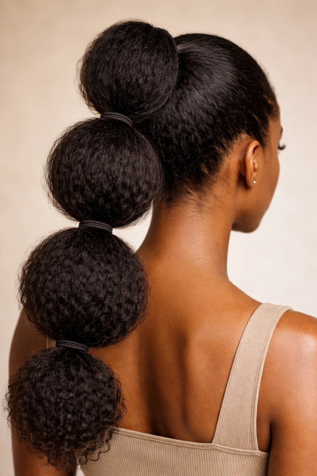 Rear view of jumbo bubble ponytail with large sculptural bubbles