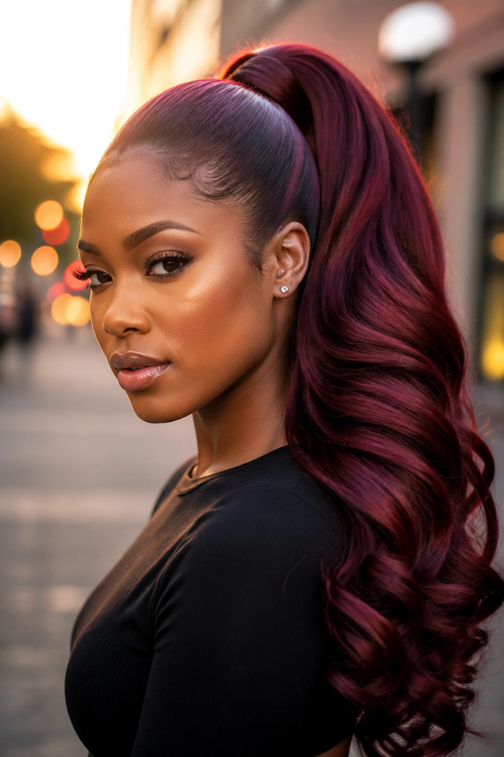 Real woman with a jumbo burgundy swoop ponytail on urban street at golden hour