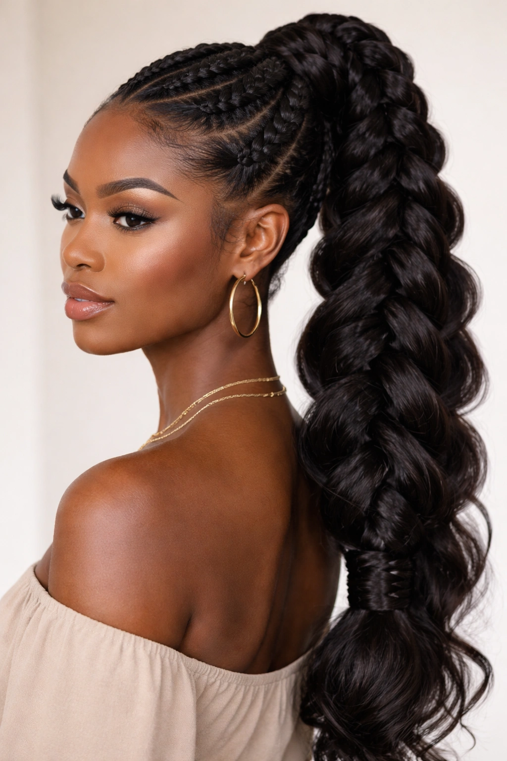 Close-up of a jumbo butterfly braid ponytail with bold texture and wrapped base.