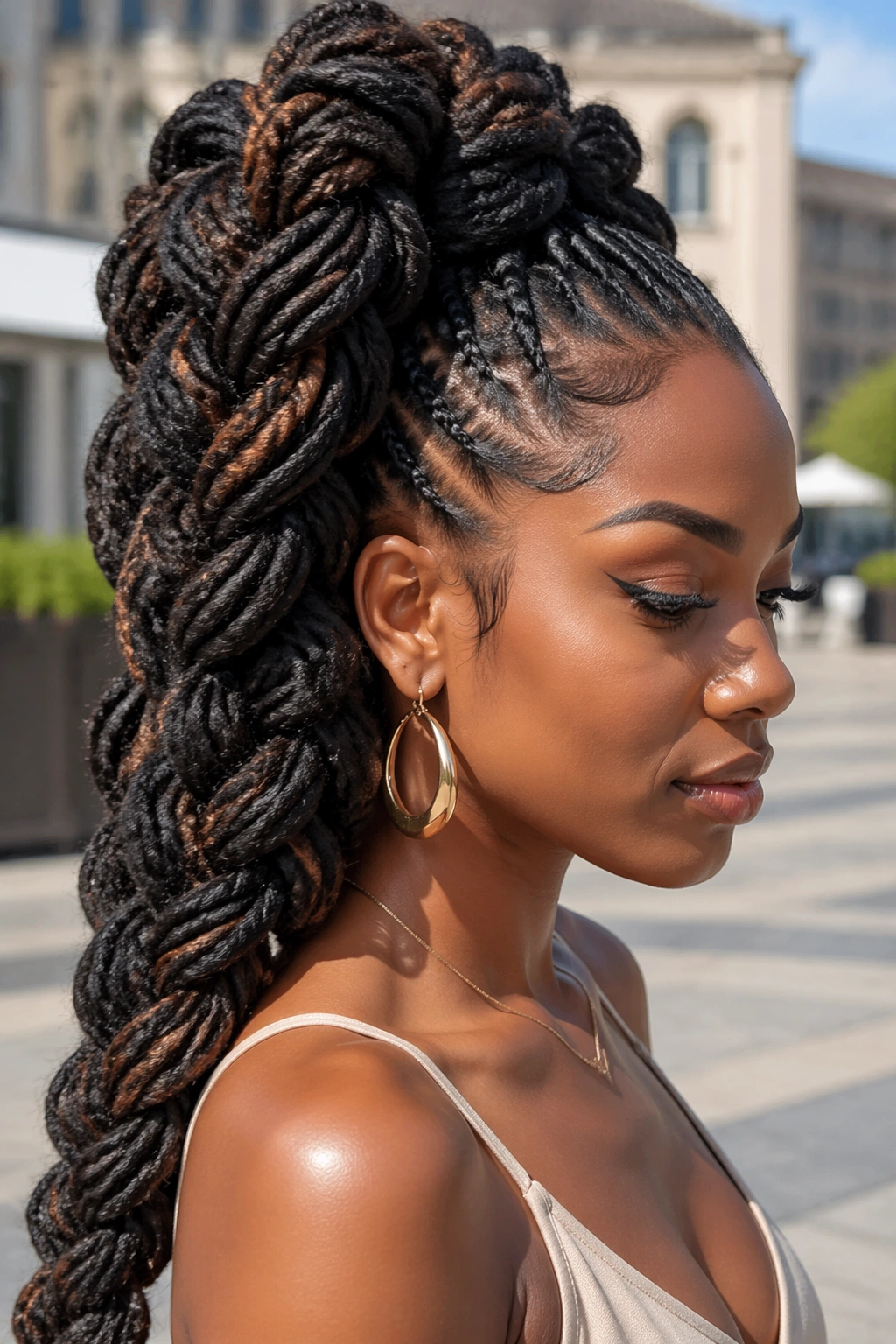 Close-up of a real woman with jumbo butterfly braid ponytail on locs