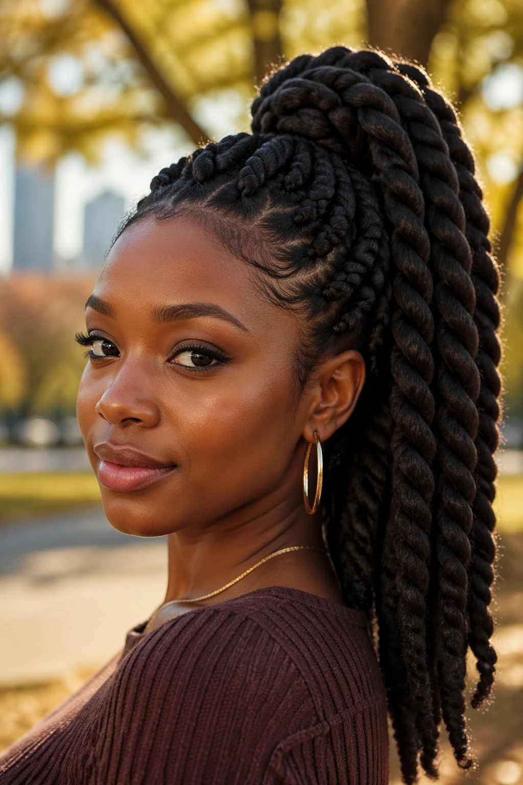 Close-up of a real woman with Jumbo Chunky Twist Ponytail showing large twist sections and voluminous ponytail