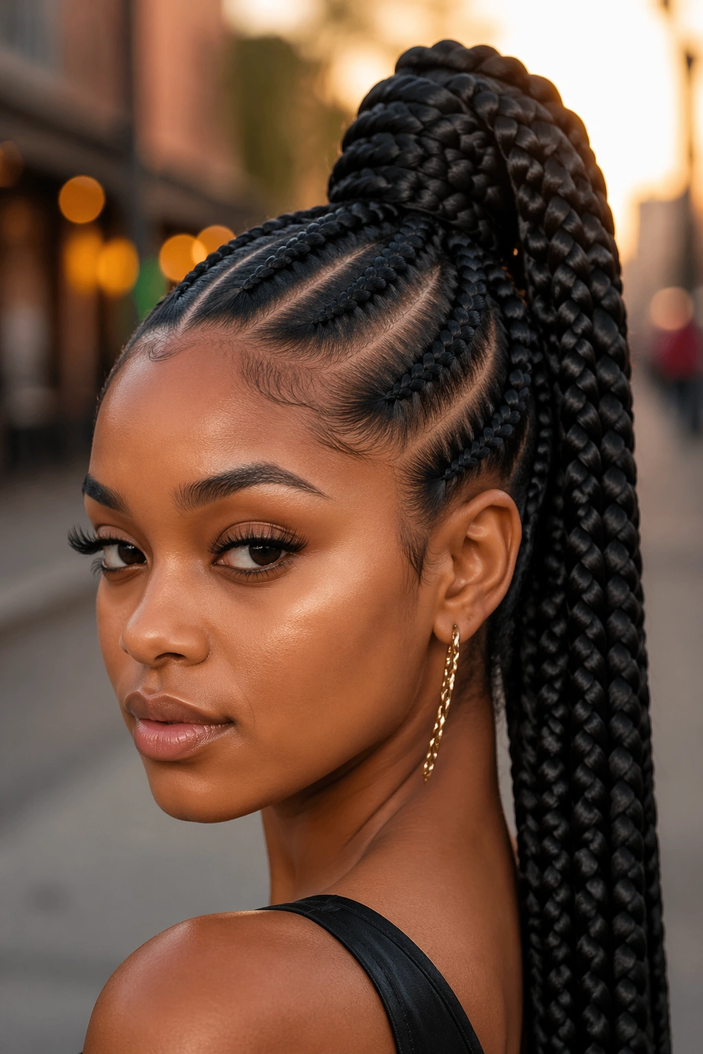 Close-up of a Black woman with jumbo cornrows forming a high ponytail outdoors