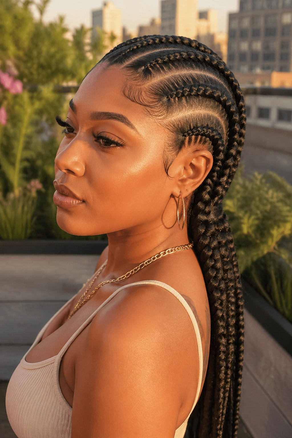 Close-up portrait of a woman with jumbo cornrow pondo against an urban rooftop backdrop