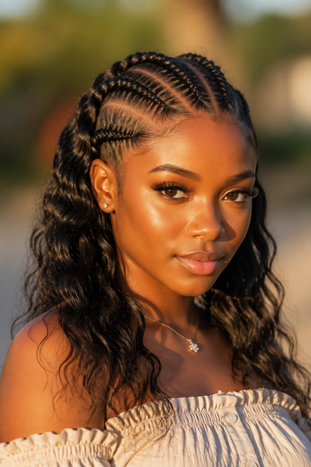 Real person with jumbo cornrows and beachy waves in natural light