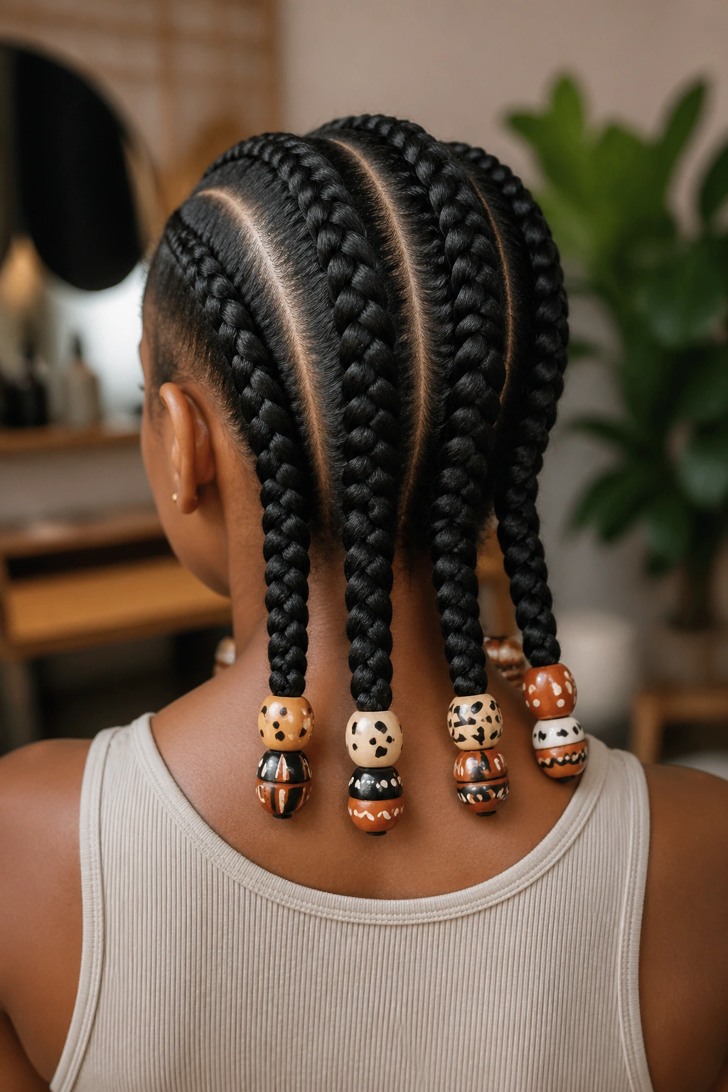 Back view of jumbo cornrows with large clay beads on a real person