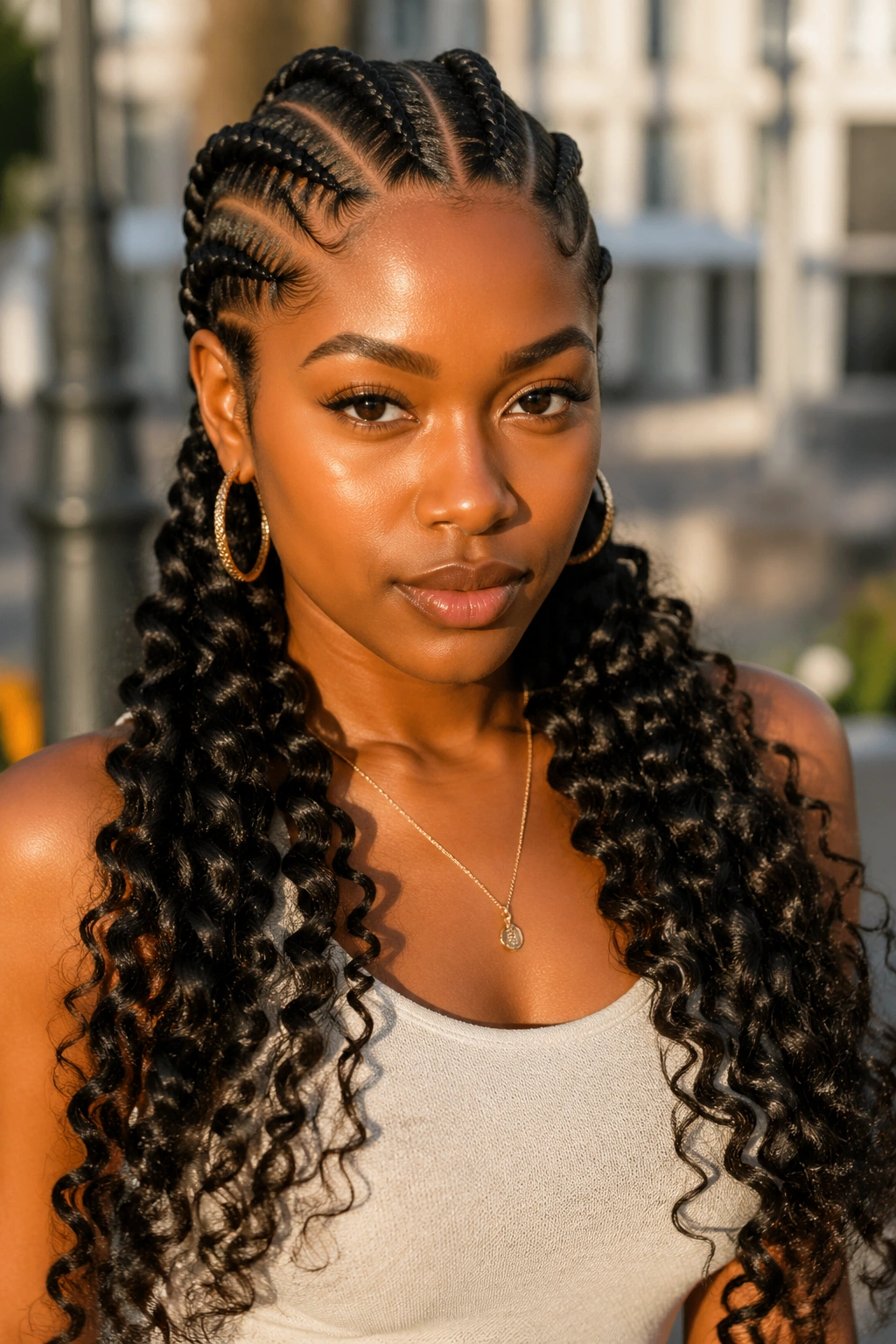 Real woman with thick jumbo cornrows ending in curly ends.
