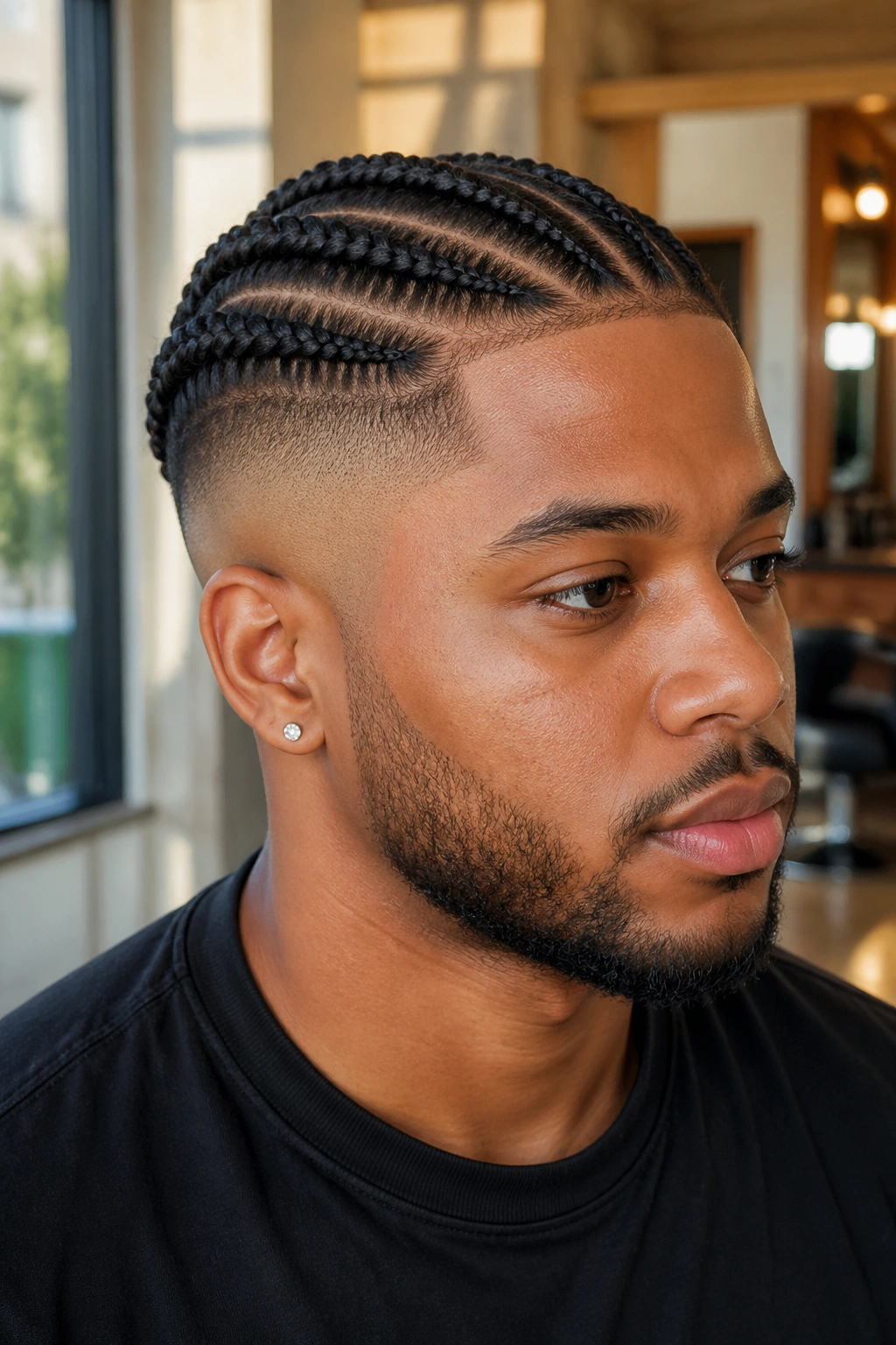 Portrait of jumbo cornrows with a short fade on a real person