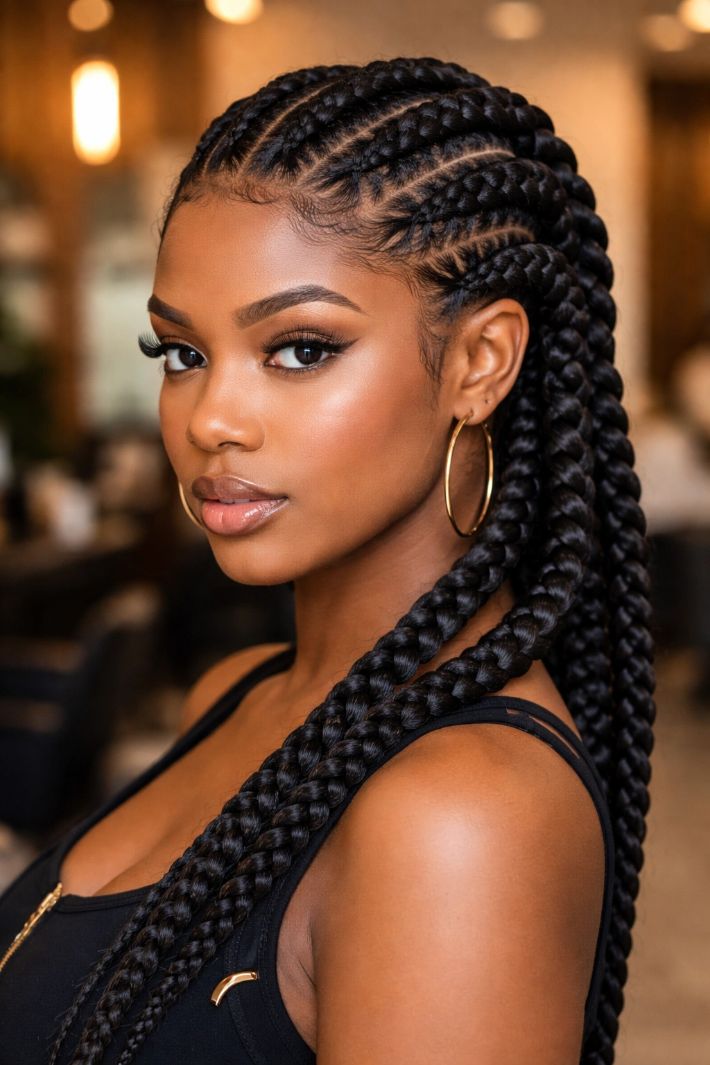 Real person with six jumbo cornrows thickening toward the back.