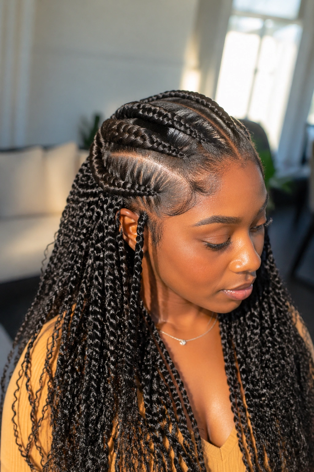 Real woman with jumbo cornrows and fine twists at ends
