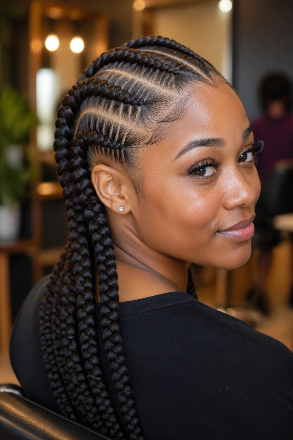 Close-up of a real woman with jumbo feed-in cornrows running straight back in a warm salon