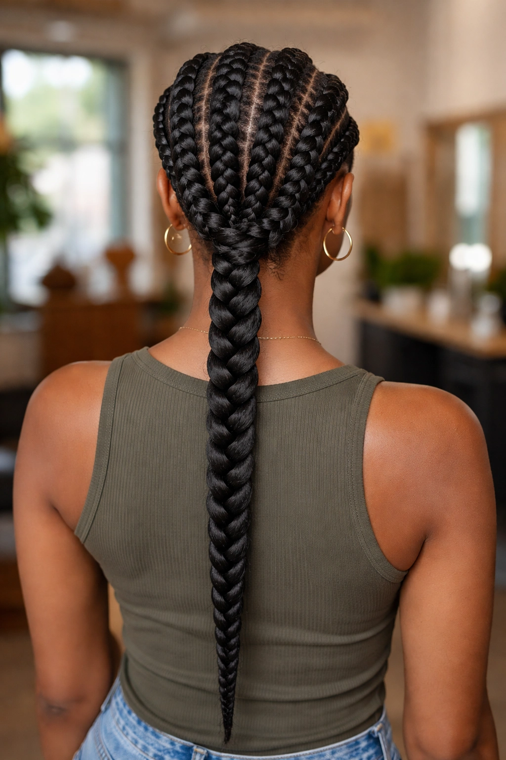 Back of head view showing jumbo cornrows across crown and a long braid down the back.