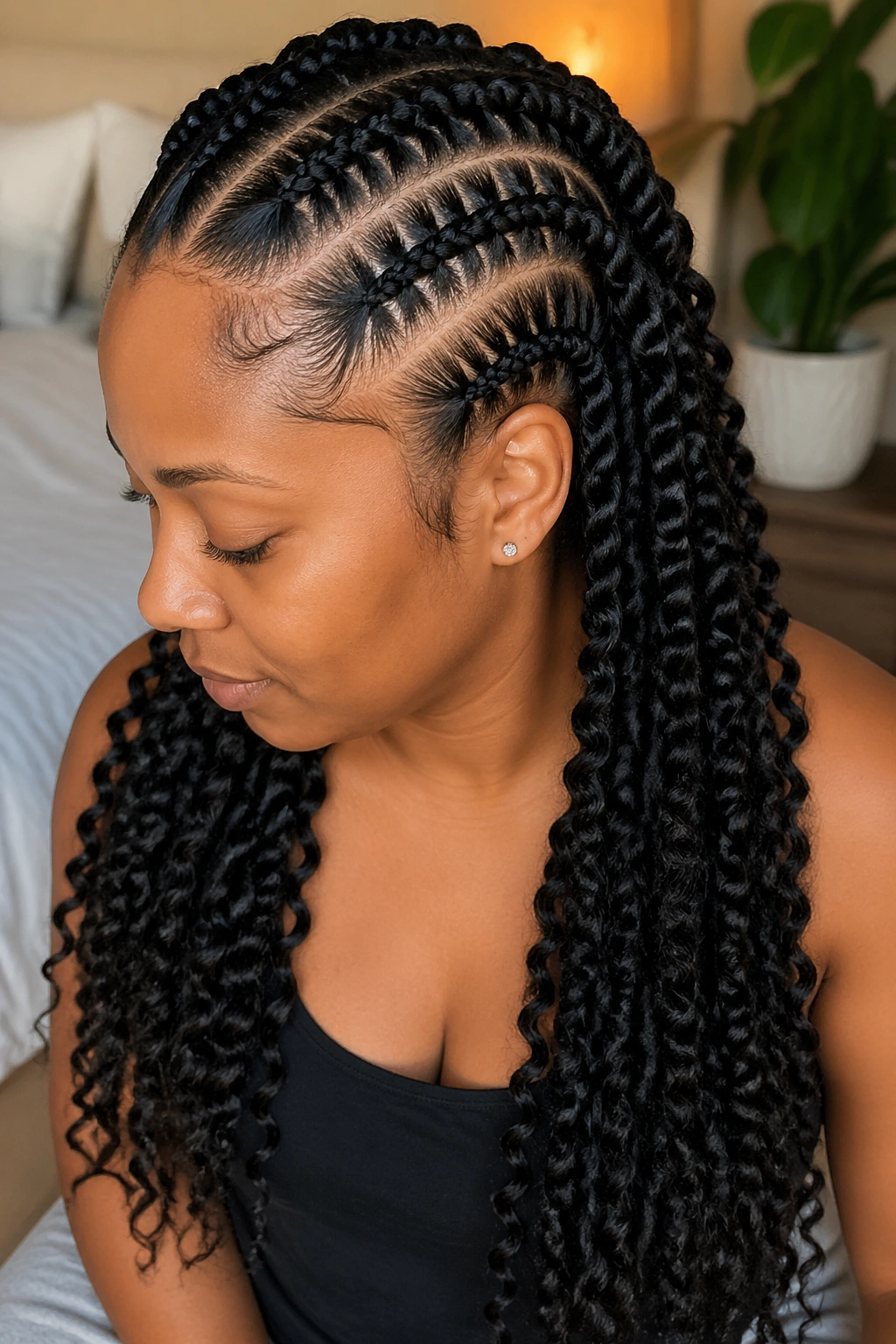 Close-up of jumbo cornrows transitioning to chunky passion twists on a real person