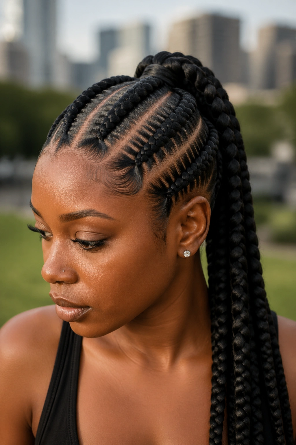 Close-up of a real Black woman with jumbo cornrows feeding into a ponytail in daylight.