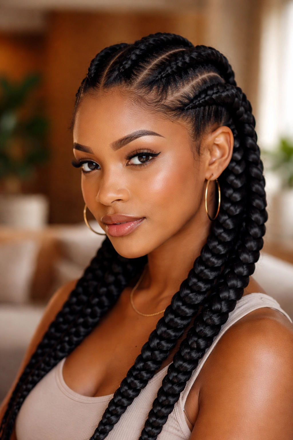 Close-up of a real woman with wide, thick jumbo cornrows from hairline to nape.