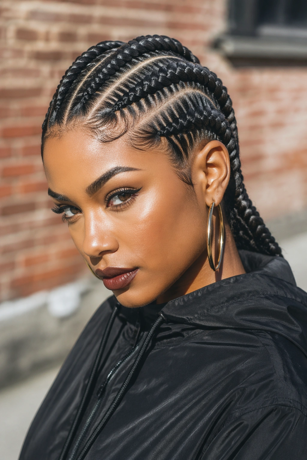Close-up portrait of a real person with jumbo cornrows across the scalp outdoors