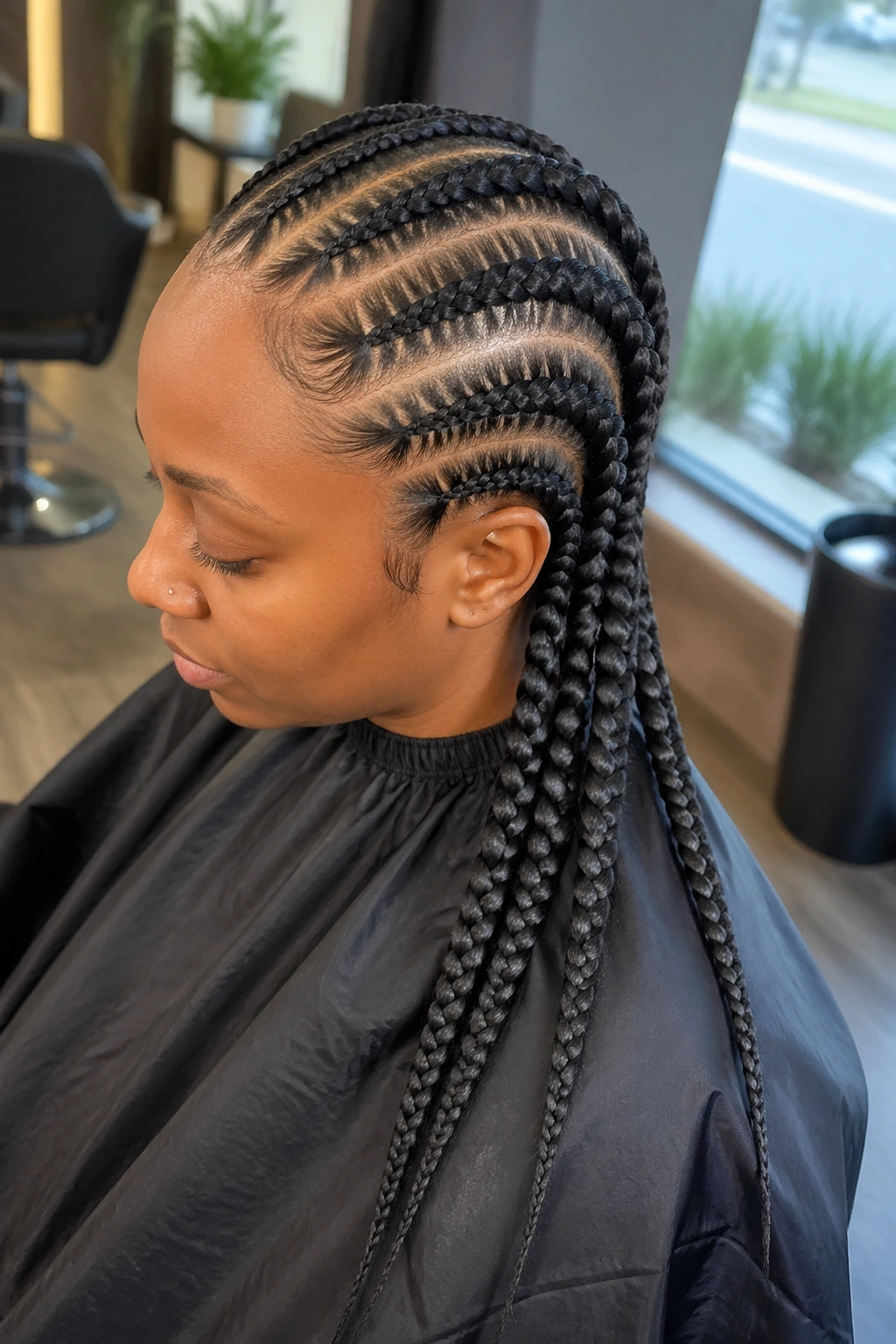 Close-up of a real person with six to eight jumbo cornrows with tapered ends.