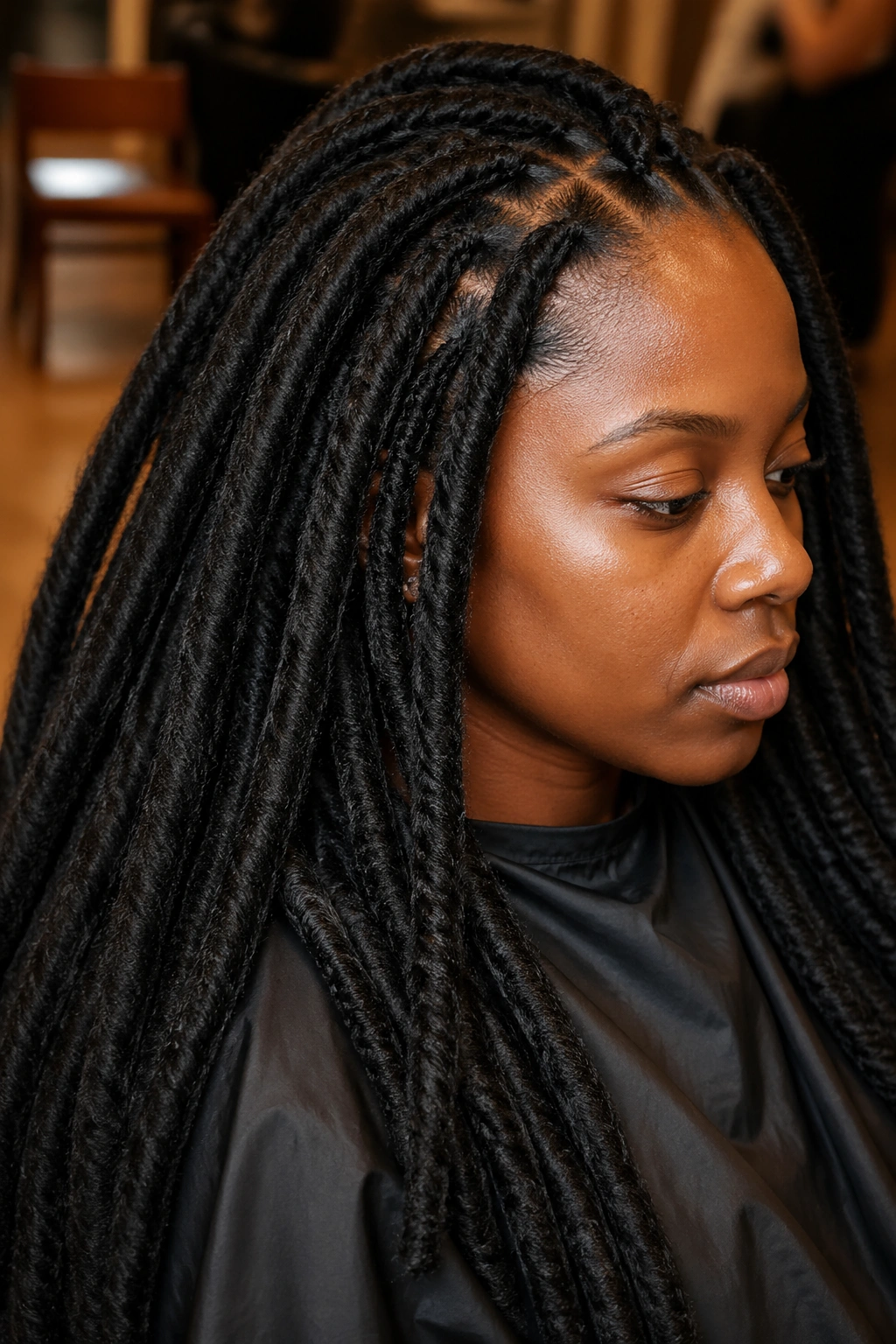 Close-up of a real person wearing jumbo crochet locs