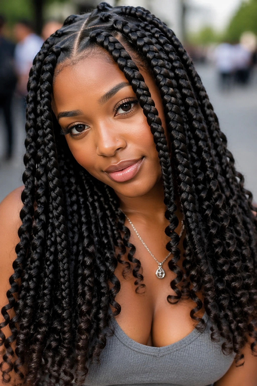 Close-up portrait of a real woman with Jumbo Curly Box Braids and prominent scalp part