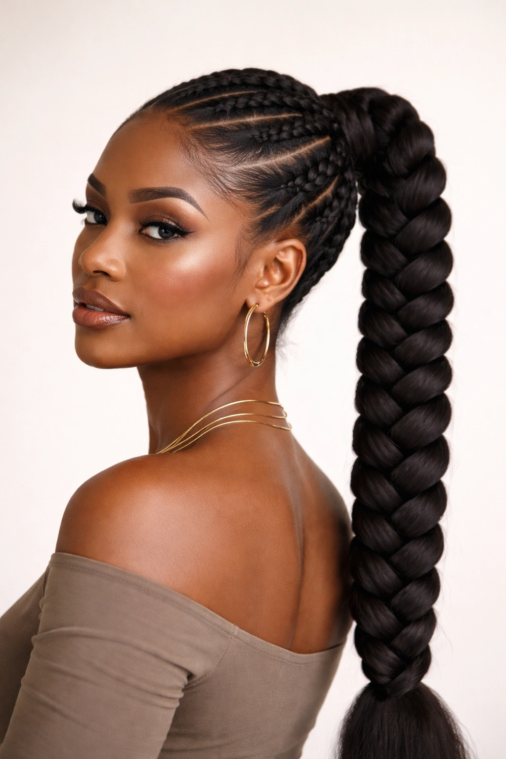 Bold jumbo feed-in braids forming a single ponytail