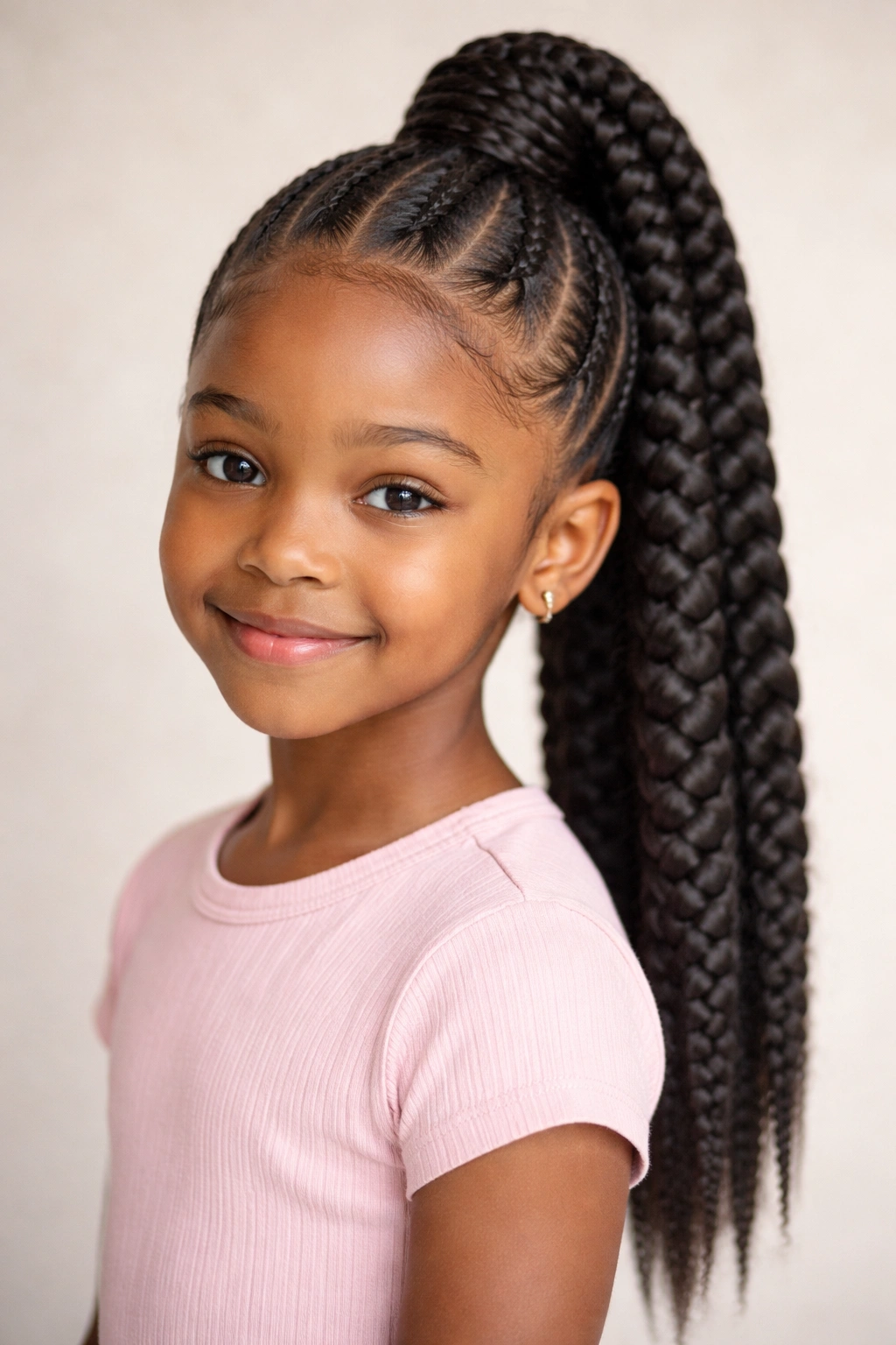 Child's head with a high, thick jumbo feed-in ponytail against a plain backdrop.