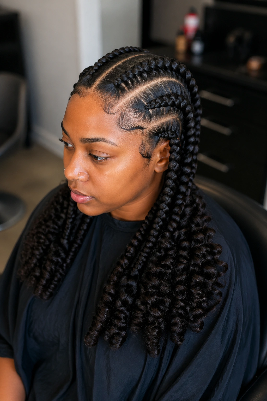 Real person with jumbo feed-in cornrows and tight perm rod ringlets