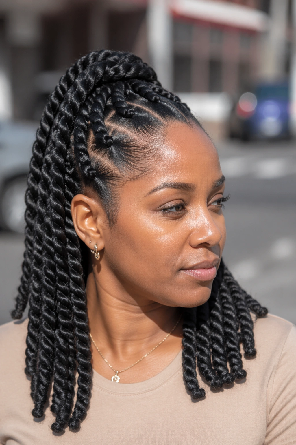 Close-up portrait of a real woman with jumbo flat twists in a half ponytail