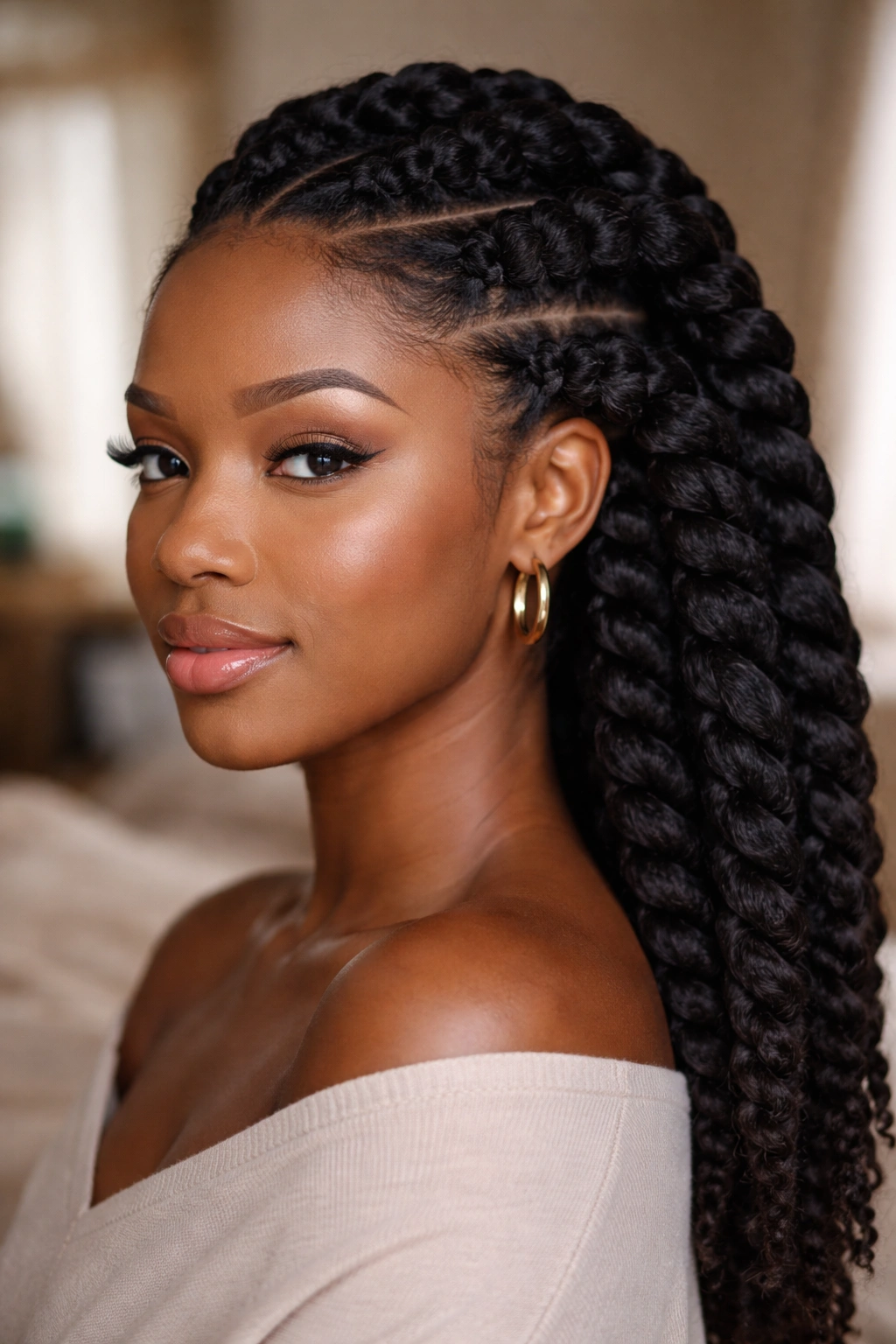 Close-up of a real woman with jumbo flat twists on stretched hair under soft window light