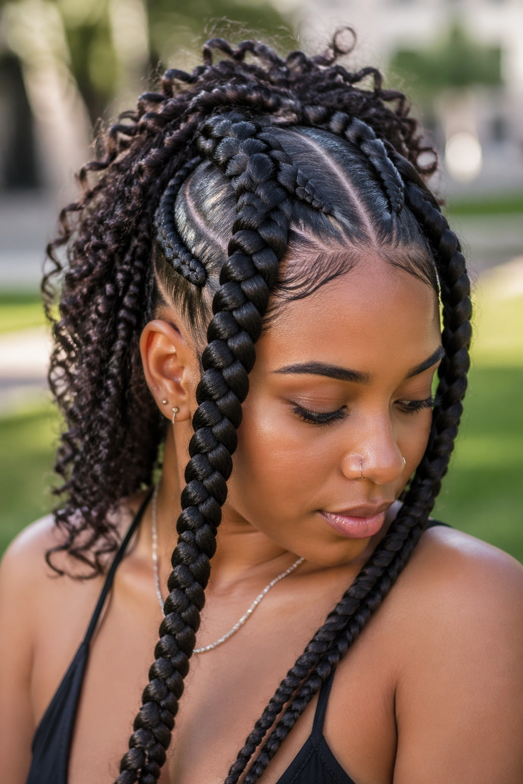 Real woman with jumbo front cornrows framing her face, curls at the crown.