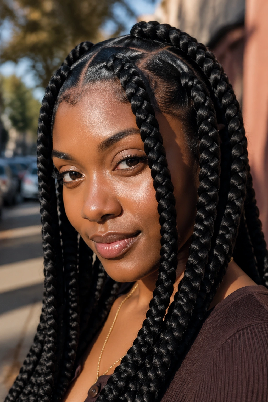 Close-up of real woman with jumbo Fulani box braids outdoors