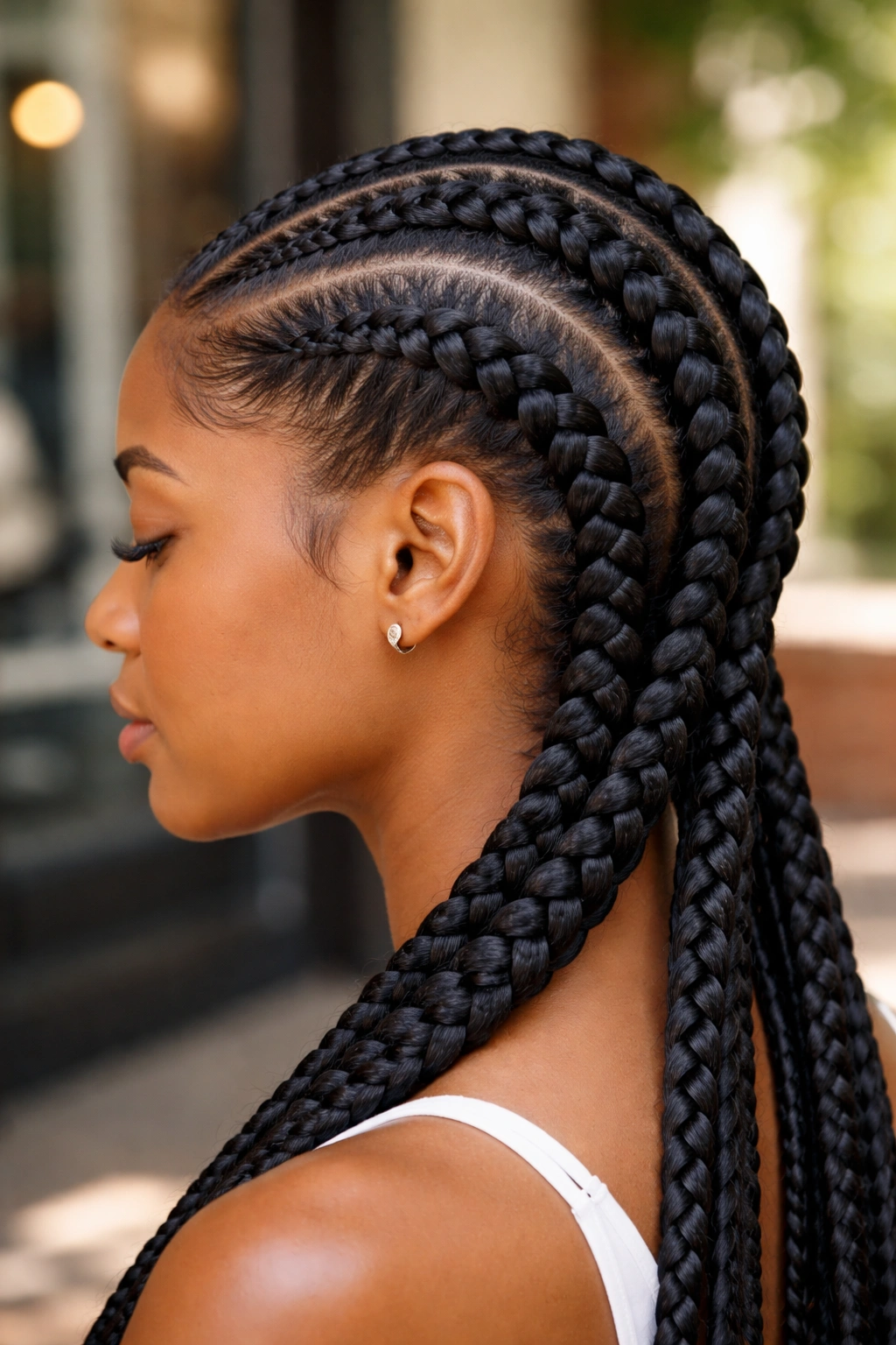 Real person with four to six jumbo Ghana cornrows