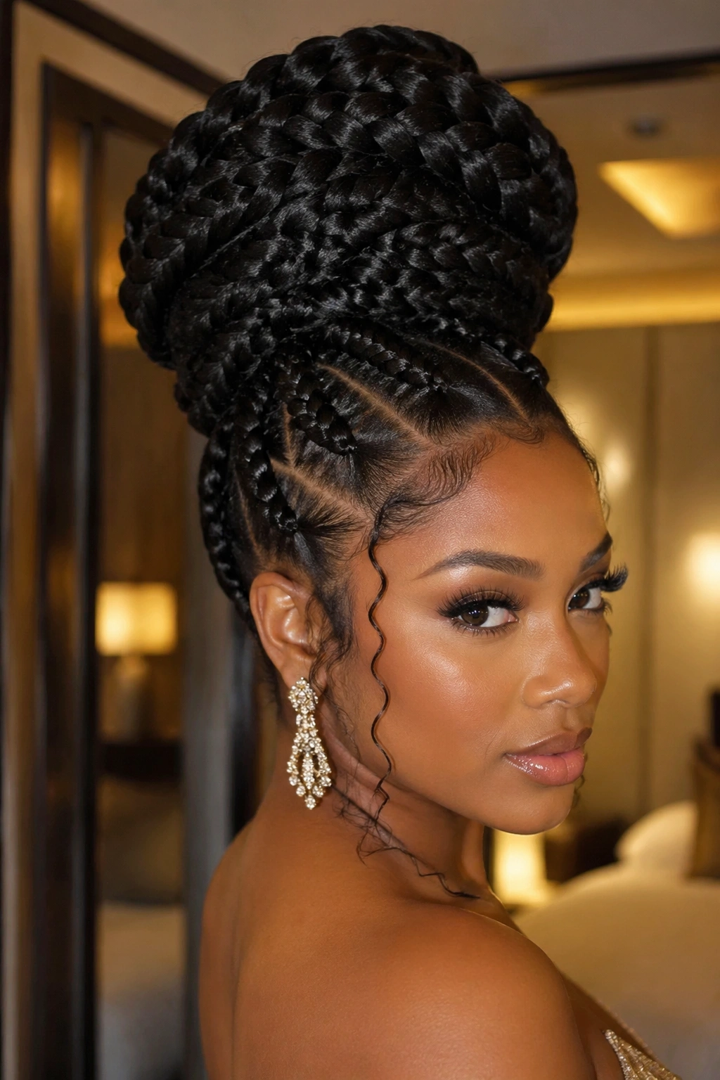 Real woman with an oversized jumbo bun created from jumbo cornrows