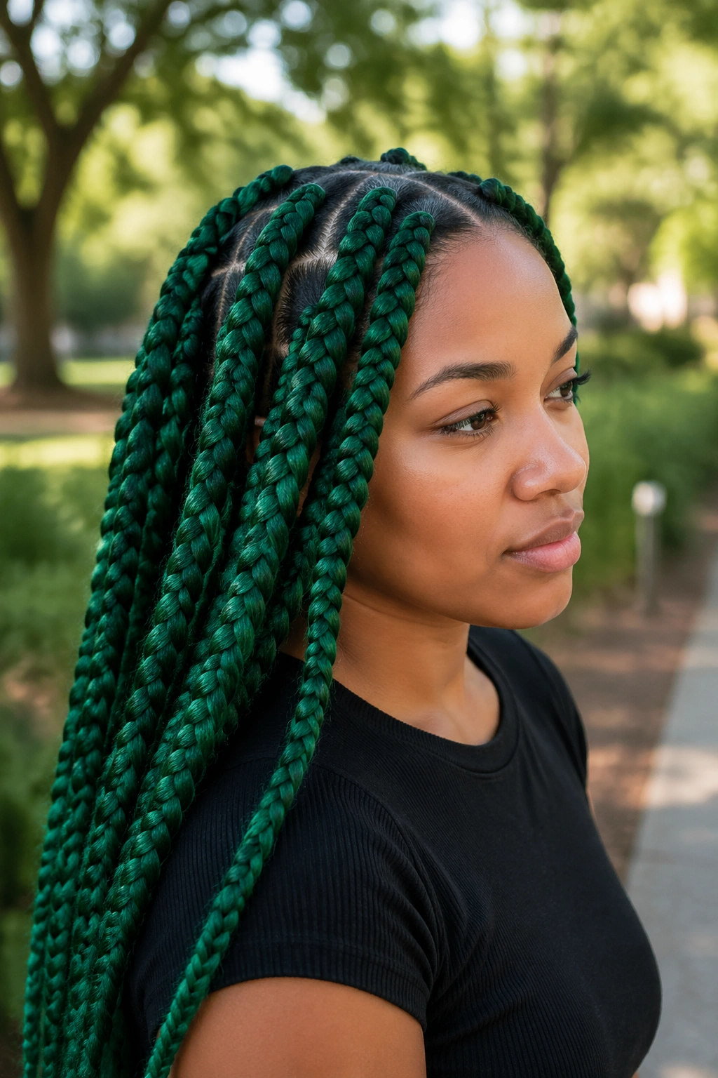 Portrait of a person with jumbo green box braids and bold parting