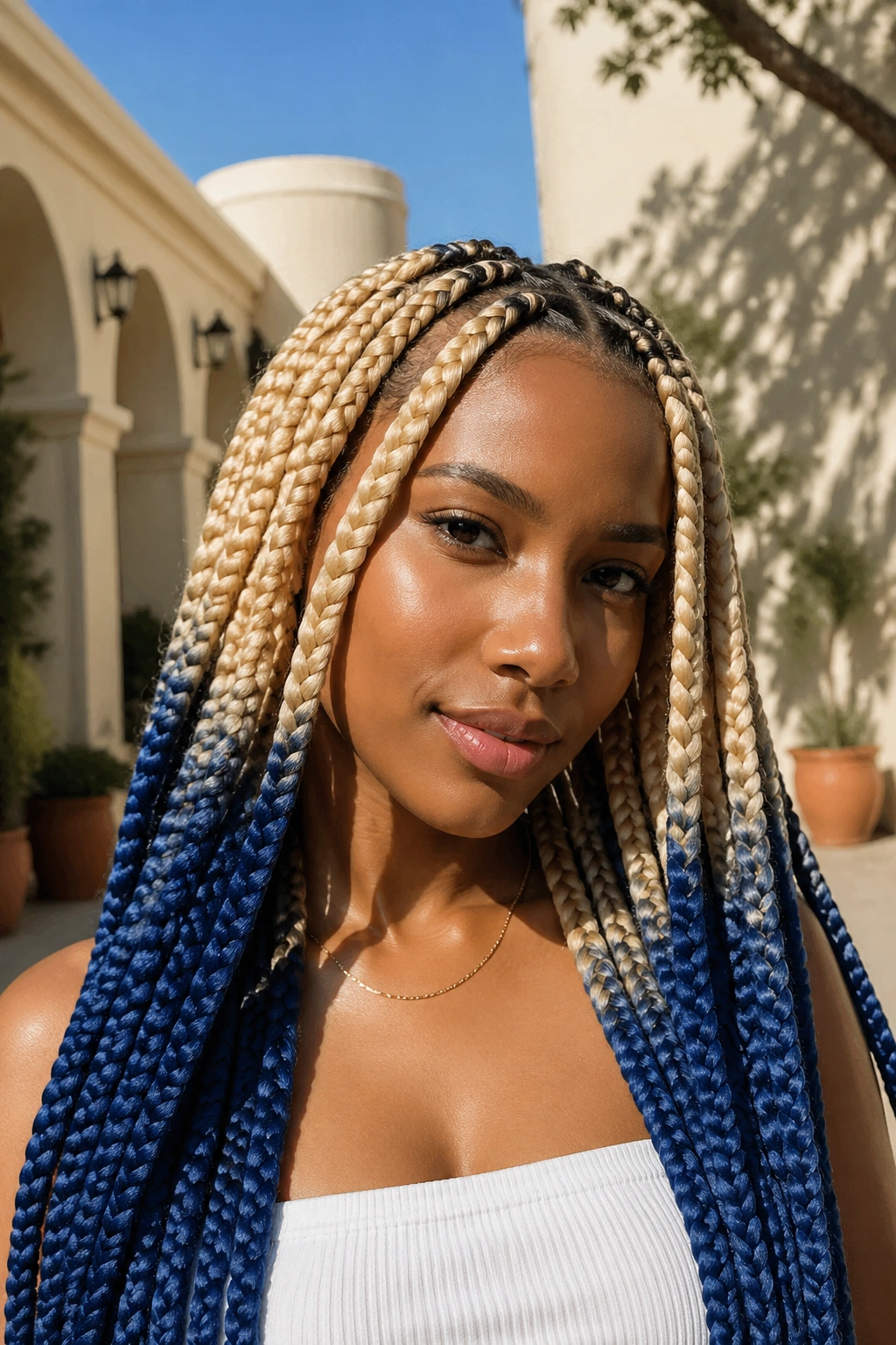 Close-up of a real person with jumbo knotless blonde and blue box braids.