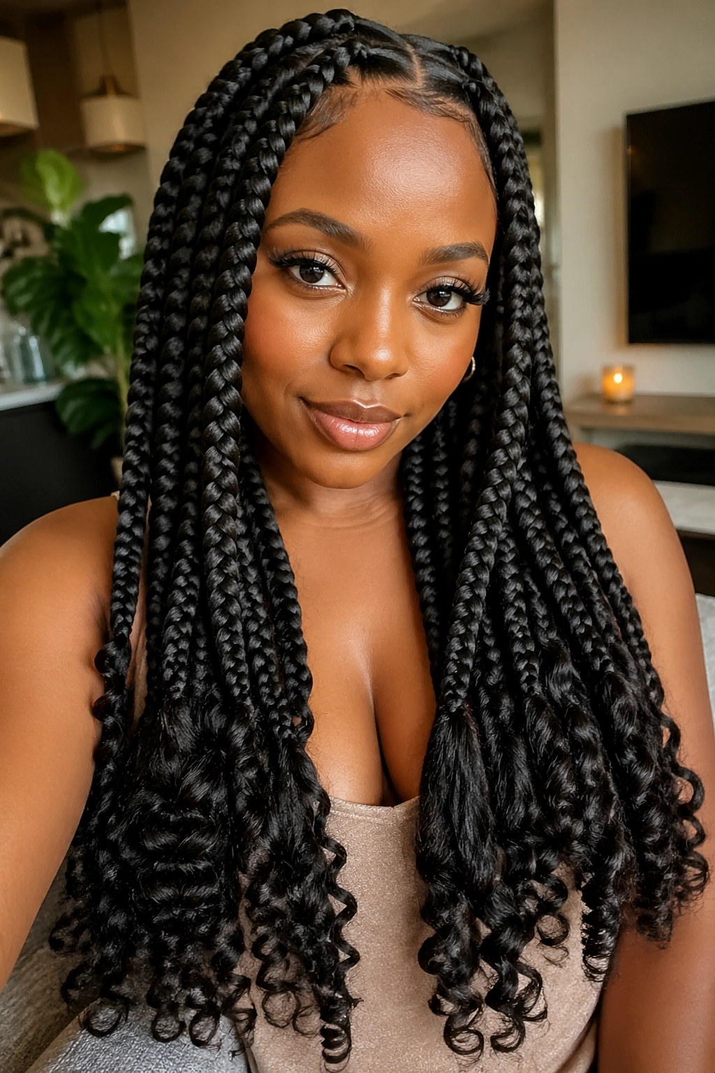 Close-up of a real woman with jumbo knotless braids and curly ends