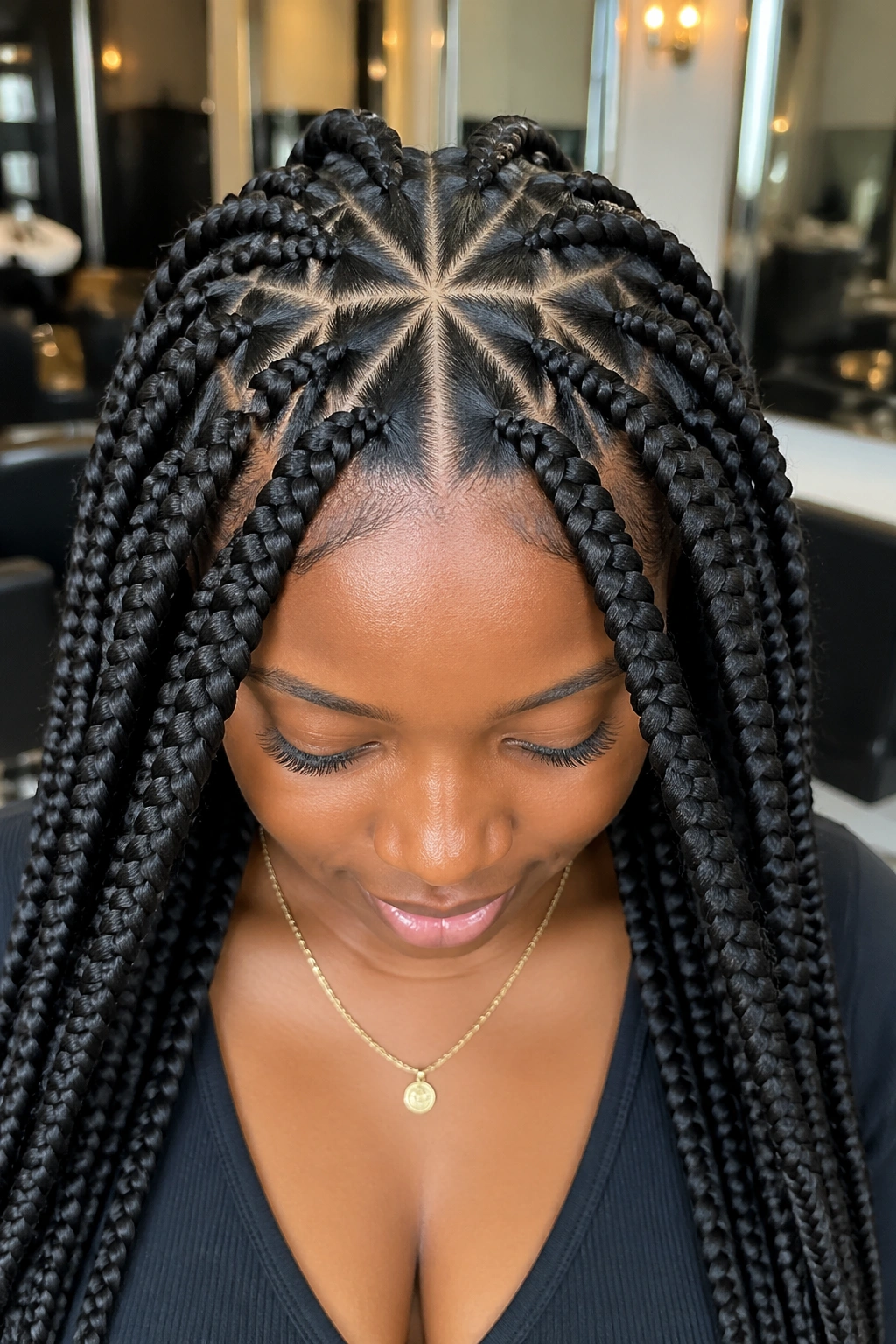Close-up of a real person with jumbo knotless braids and sharp star parts.