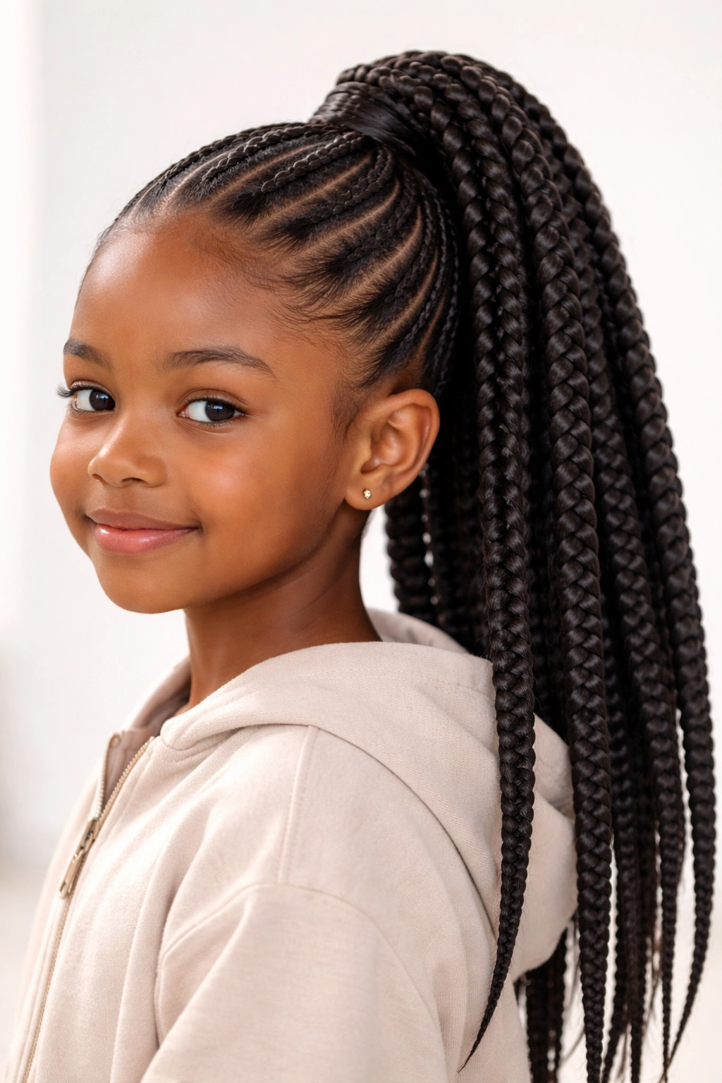 Close-up of a child with jumbo knotless braids in a high pony
