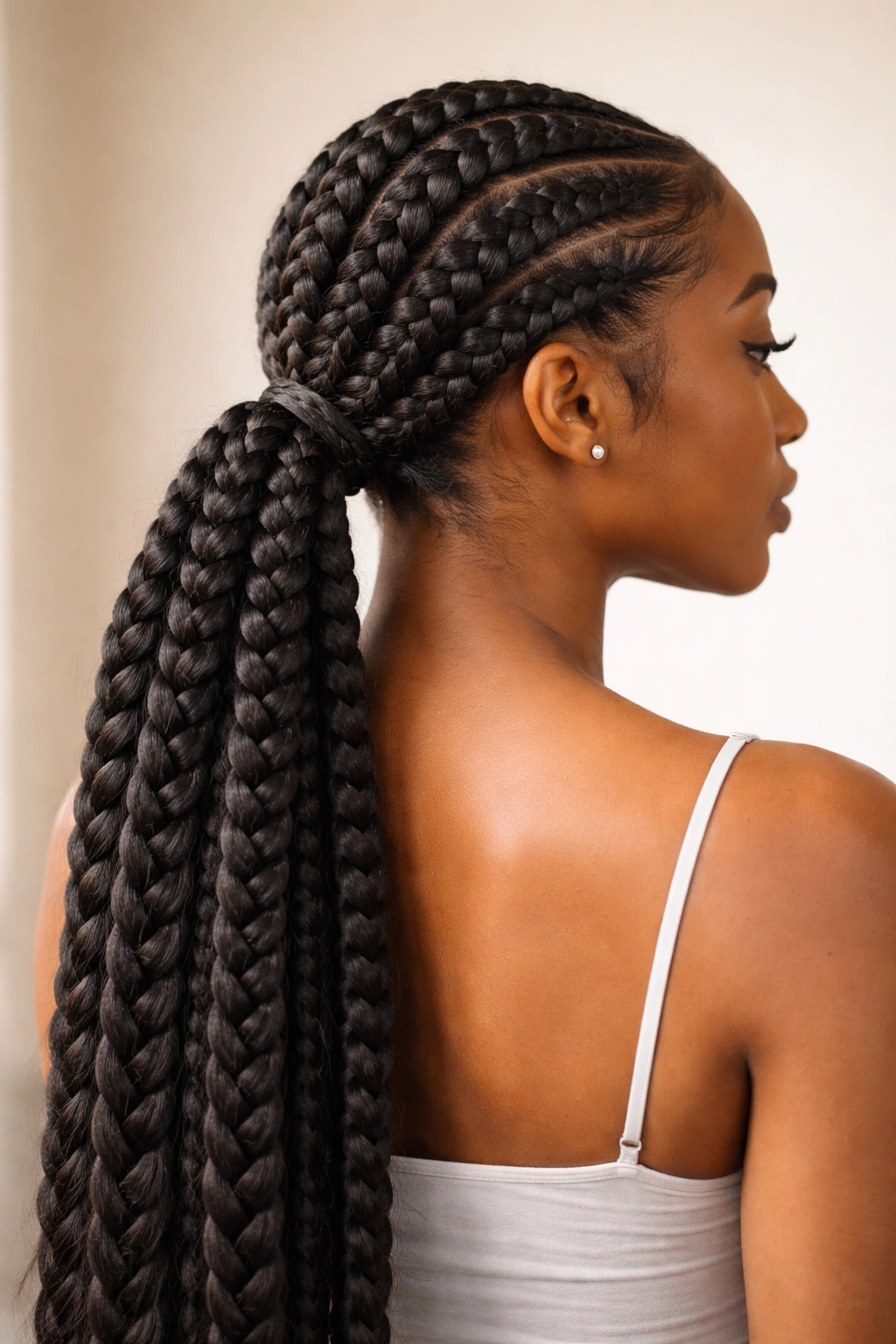 Portrait of a head with jumbo knotless braids in a low ponytail