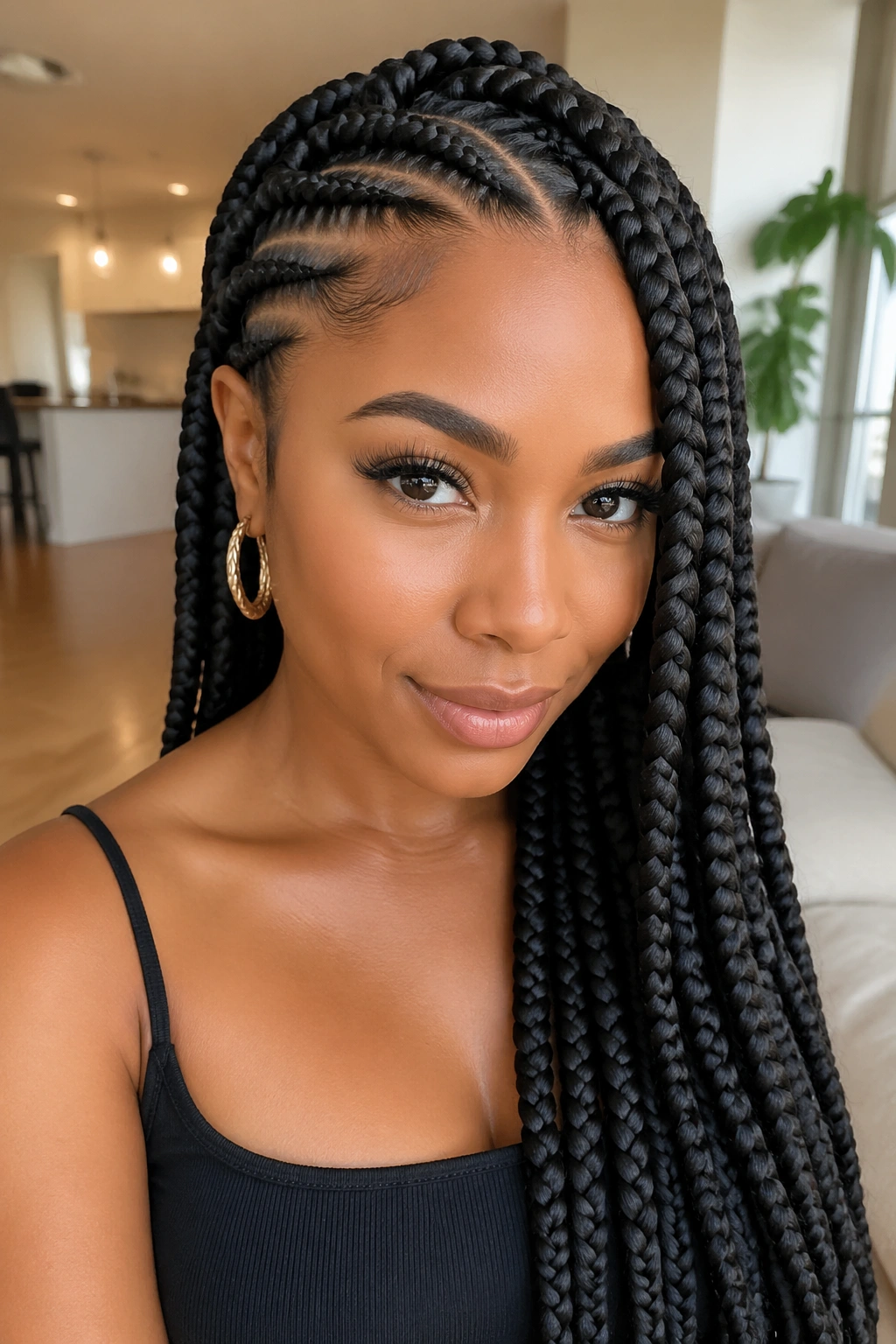 Portrait of a real woman with jumbo lemonade box braids in a bright interior.