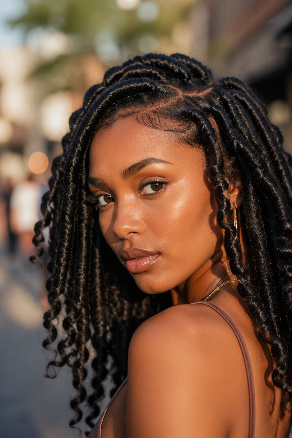 Real person with jumbo curly faux locs against a soft urban background