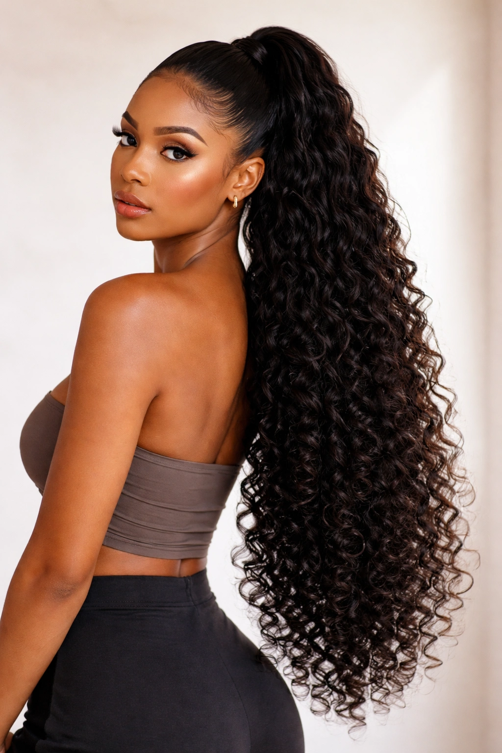 Ultra-long dense curly ponytail with defined end curls