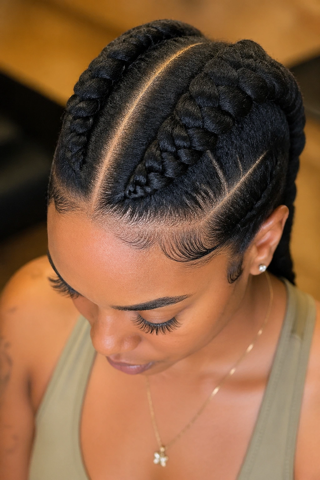 Close-up of a real person with two jumbo Marley cornrows