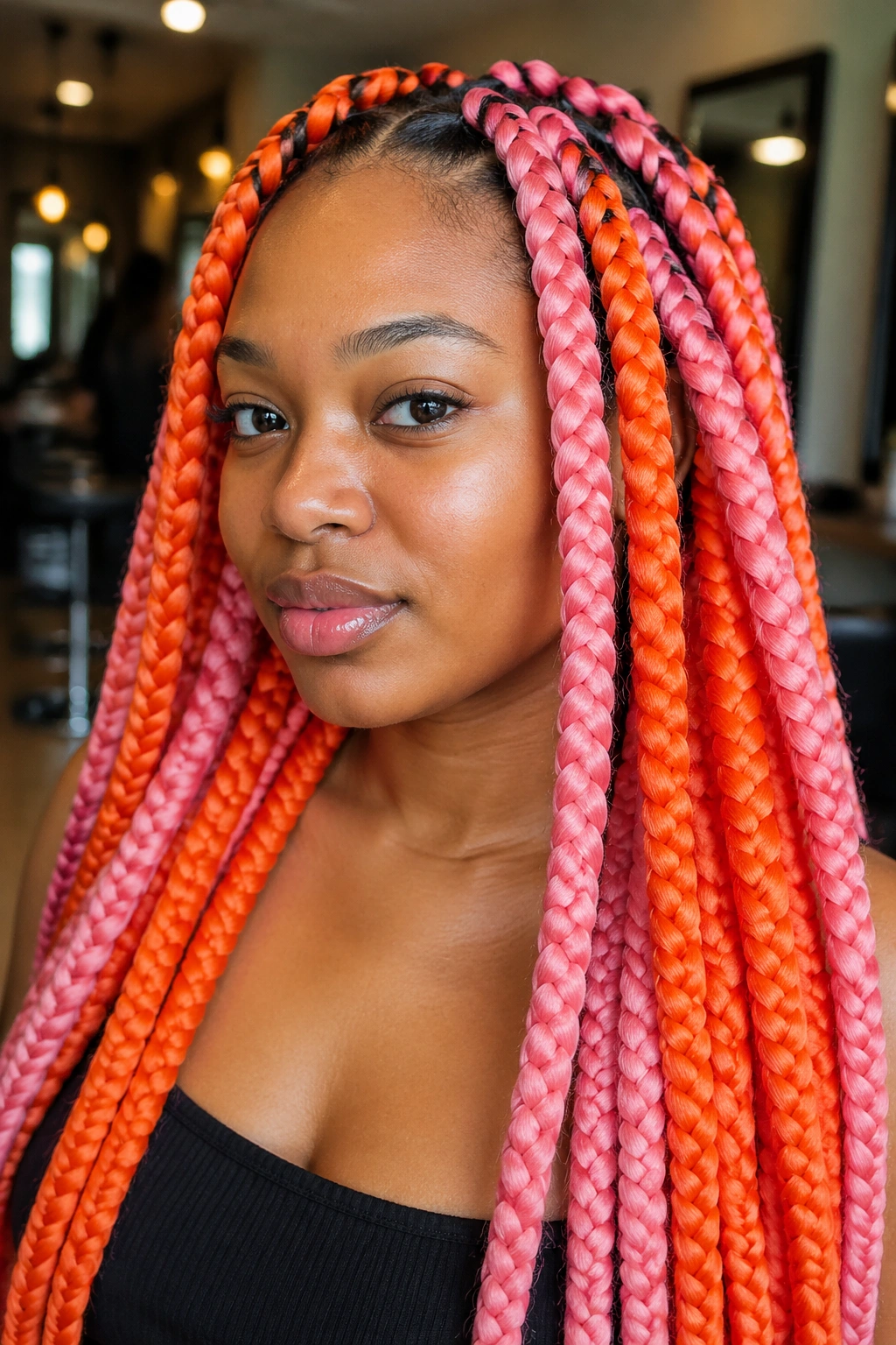 Close-up of real person with jumbo orange and pink box braids in a salon