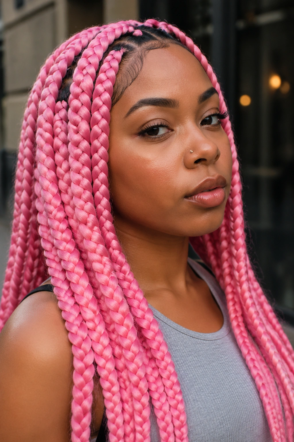 Real woman with jumbo pink box braids.