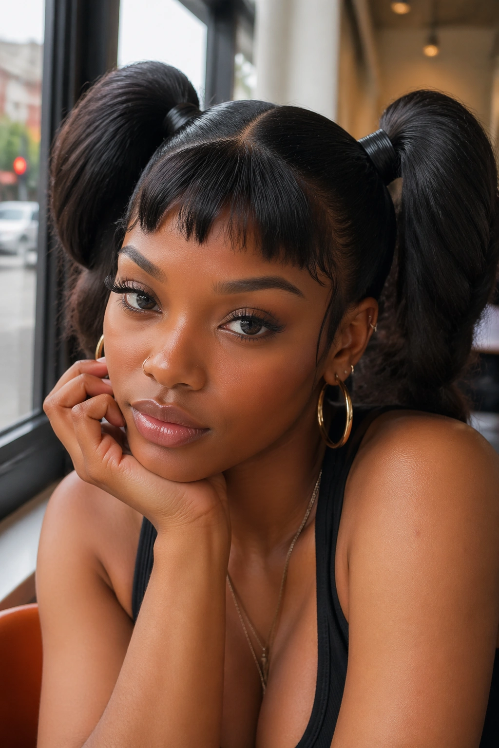 Close-up of a woman with jumbo twin ponytails and micro bangs in an urban cafe