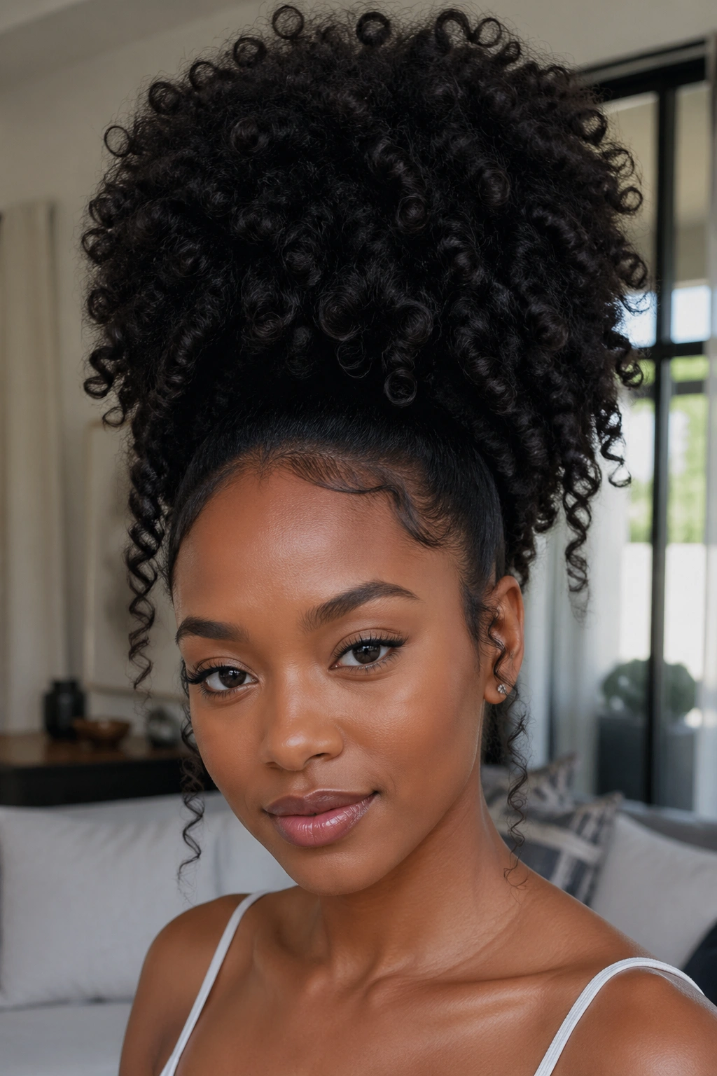 Close-up of a real woman with a large jumbo puff on top of her head