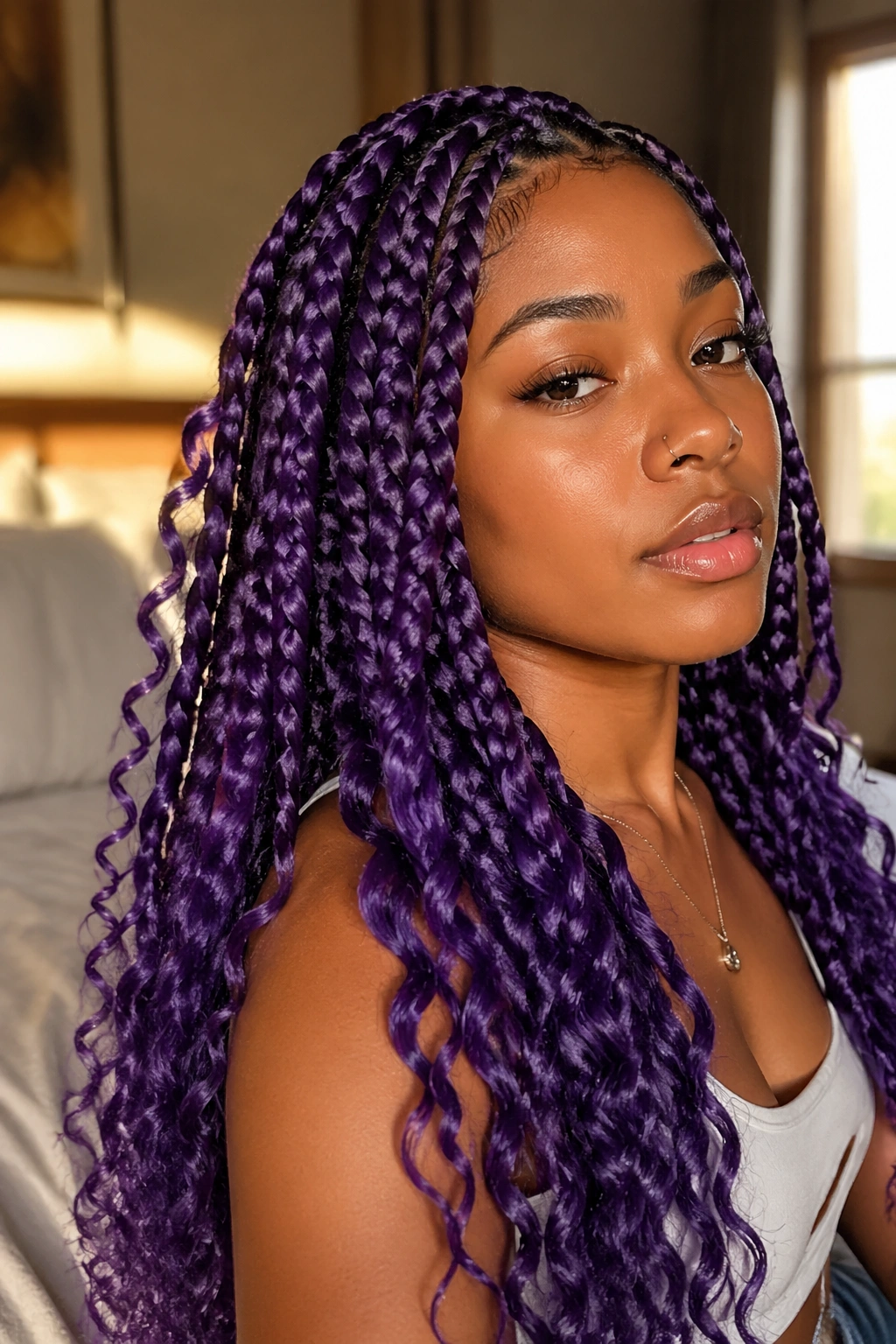 Close-up portrait of a real woman with jumbo purple box braids ending in curls in a warm bedroom