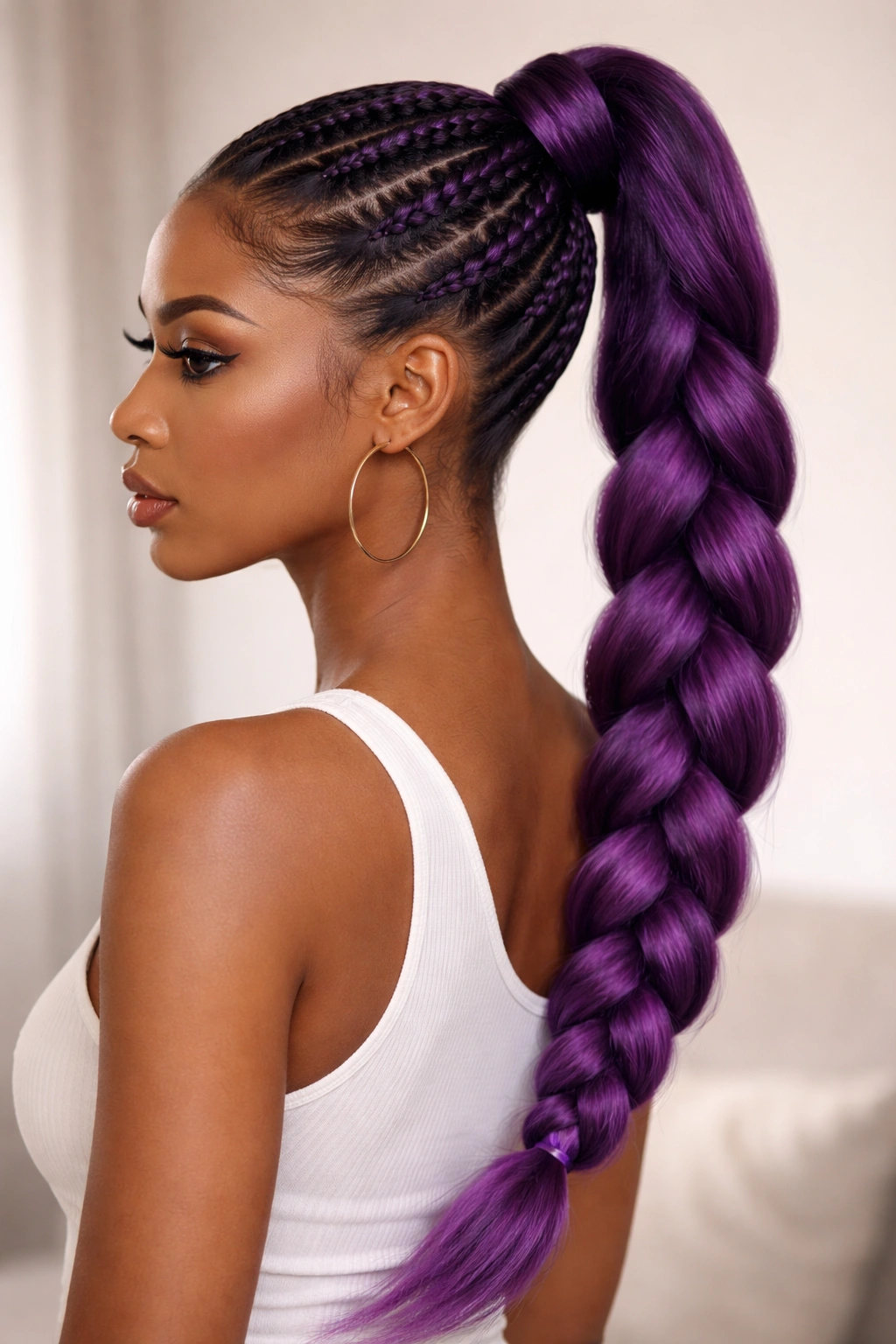 Jumbo purple feed-in ponytail with dramatic large braid