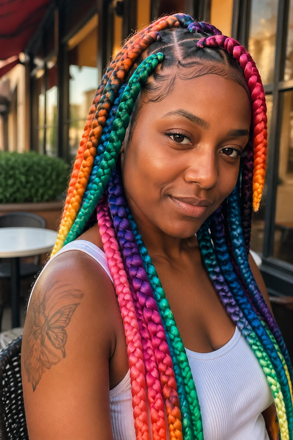Close-up of a real woman with jumbo rainbow box braids in bold color blocks outdoors