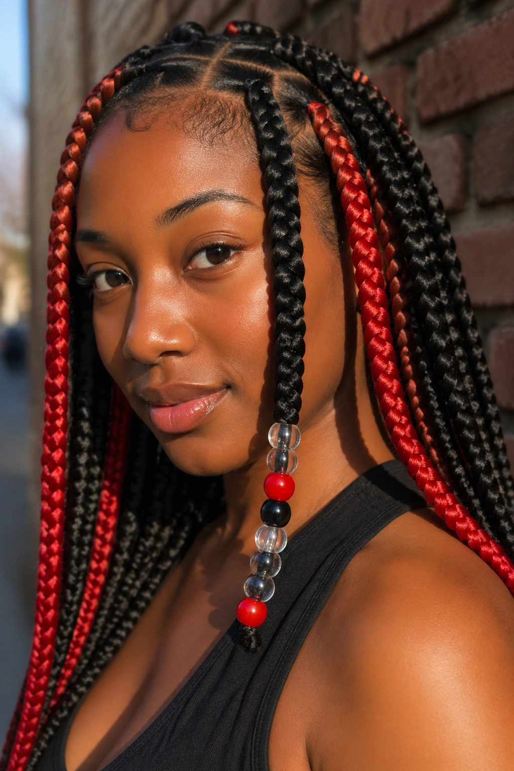 Close-up of a real person with jumbo red peekaboo box braids and oversized beads