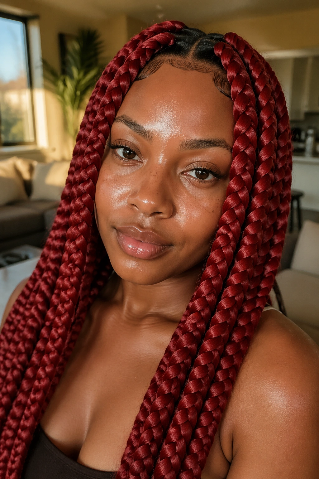 Close-up of a real woman with jumbo red knotless box braids framing her face